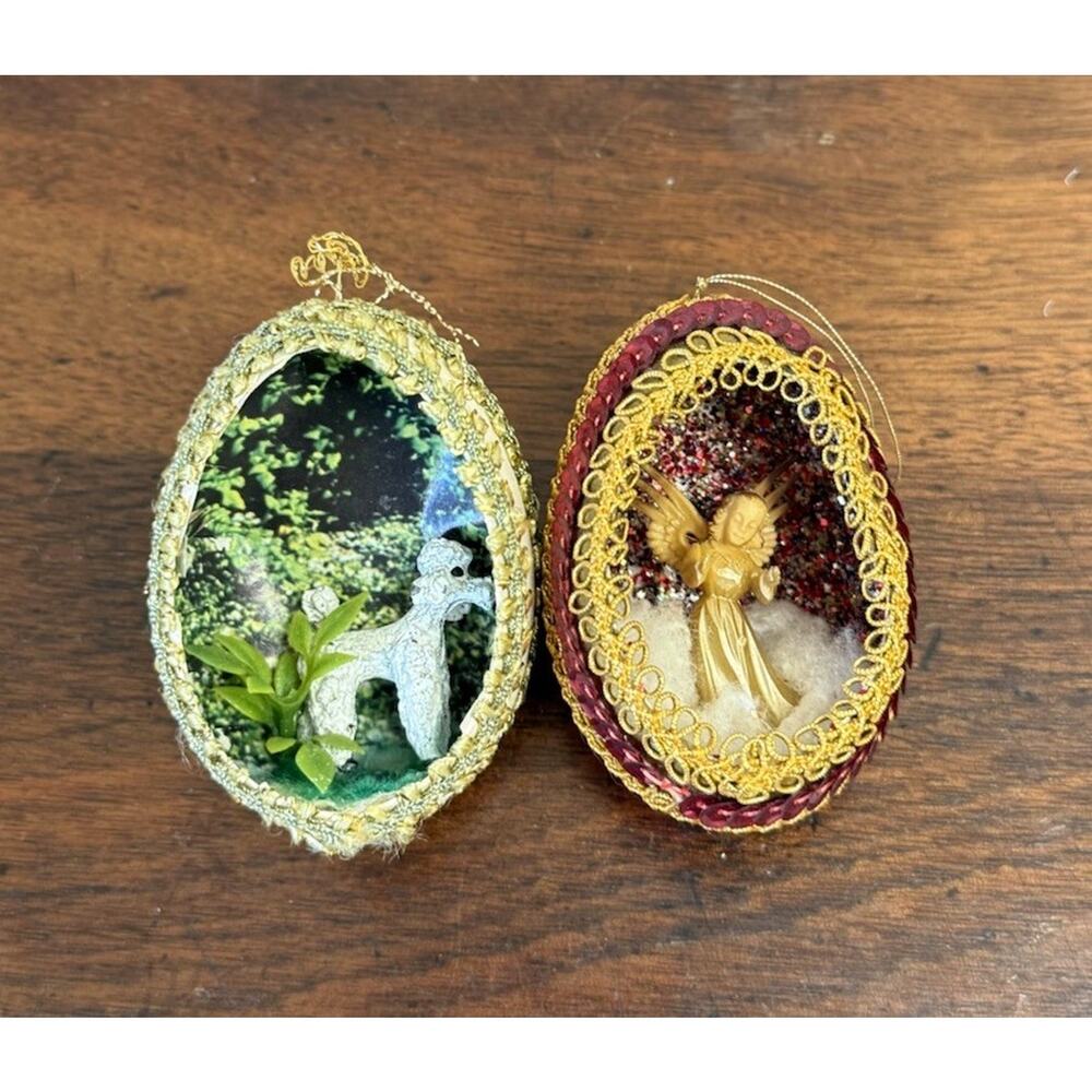 Vintage 1960s Egg Diorama Christmas Ornaments Angel Poodle Handmade Lot 2